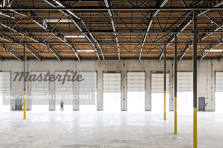 Owner silhouetted and standing in a loading dock door for a new empty warehouse.