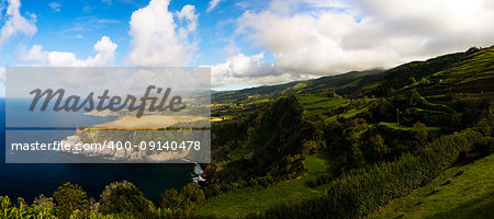 Panorama view to coastline of Sao Miguel island from Santa Iria viewpoint in Azores. Portugal