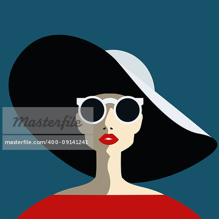 Beautiful young woman with sunglasses and hat, retro style. Pop art. Summer holiday. Vector eps10 illustration