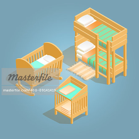 Bunk bed, baby crib and baby changing table isometric icon. Cartoon wooden bed for children with a pillow and  blanket. Furniture icon set isolated on blue. Detailed objects.  Vector flat style 3d illustration.