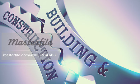 Message Building And Construction on Shiny Metal Cog Gears - Interaction Concept. Building And Construction - Illustration with Lens Flare. 3D Illustration .