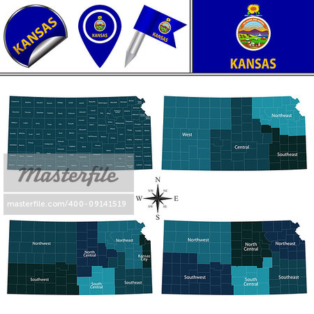 Vector map of Kansas with named regions and travel icons