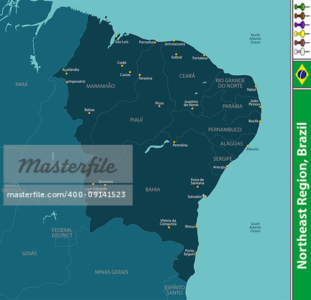 Vector set of Northeast Region of Brazil with map and neighboring states