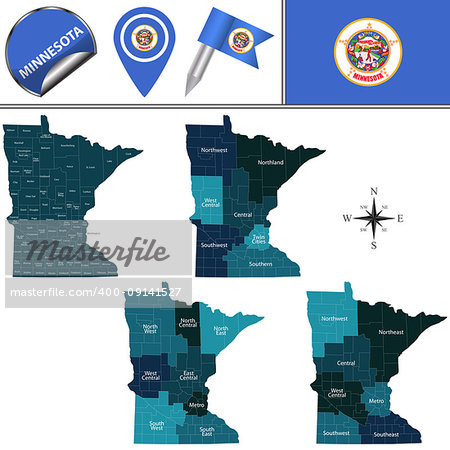 Vector map of Minnesota with named regions and travel icons