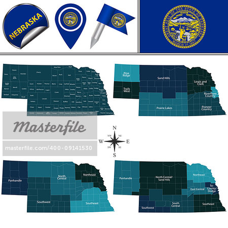Vector map of Nebraska with named regions and travel icons