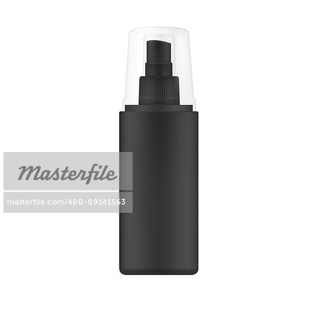 Black Spray Bottle with transparent cap. Blank Mock Up for Presentation of Cosmetic Skin Care Product Design.  Isolated on white background.