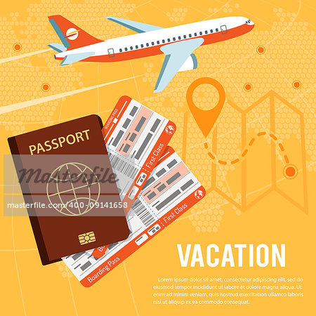 Vacation and Tourism Concept with Flat Icons Aircraft, Passport and Tickets. Vector illustration