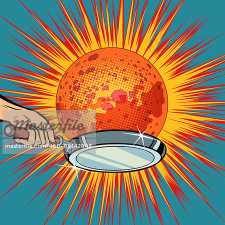 People with a frying pan fry the planet Mars. Pop art retro vector illustration comic cartoon kitsch drawing
