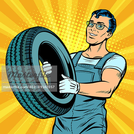 Male car mechanic with wheel. Pop art retro vector illustration comic cartoon kitsch drawing