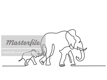 Continuous different wide line drawing. Elephant mom with baby walking symbol. Logo of the elephant. Vector illustration