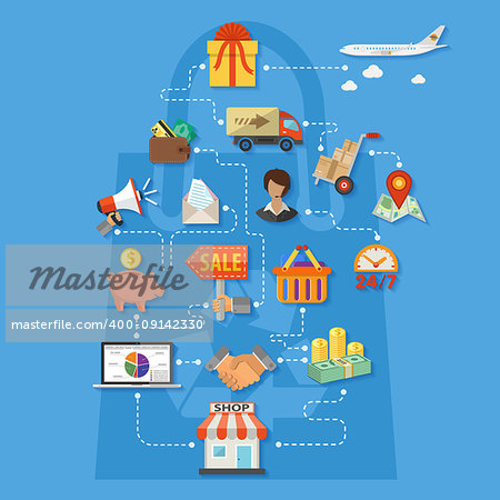 Online Shopping Infographics with flat icons on theme of retail sales, marketing, delivery of goods, such as megaphone, shop, support, piggy bank, money. Vector illustration