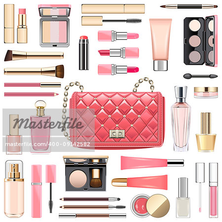 Vector Makeup Cosmetics with Pink Handbag isolated on white background