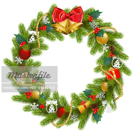 Vector Fir Wreath with Red Mistletoe isolated on white background