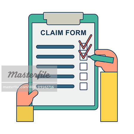 Template of claim form. Flat vector cartoon illustration. Objects isolated on white background.