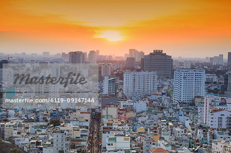 View of Bui Vien street and the skyline of downtown Ho Chi Minh City (Saigon), Vietnam, Indochina, Southeast Asia, Asia