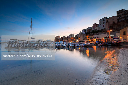 Harbor at sunrise, Castellammare del Golfo, province of Trapani, Sicily, Italy, Mediterranean, Europe