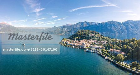 Panoramic aerial view of Lake Como and the village of Bellagio, Province of Como, Lombardy, Italian Lakes, Italy, Europe (Drone)