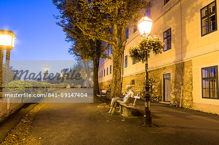 Antun Gustav Matos statue at night, Zagreb, Croatia, Europe