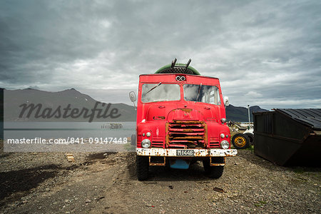 Old fire engine, Djupavik, Strandir Coast, Westfjords, Iceland, Polar Regions