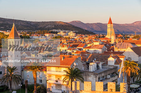 Elevated view from Kamerlengo Fortress over the old town of Trogir at sunset, UNESCO World Heritage Site, Croatia, Europe