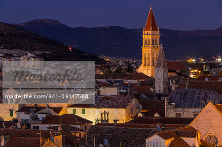 Elevated view from Kamerlengo Fortress over the old town of Trogir at dusk, UNESCO World Heritage Site, Croatia, Europe