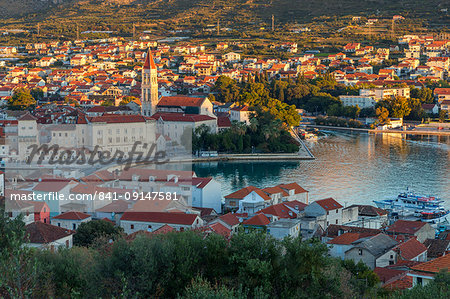 Elevated view over the old town of Trogir, UNESCO World Heritage Site, at sunrise, Croatia, Europe