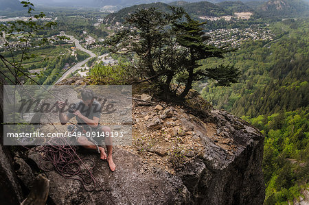Man trad climbing at The Chief, Squamish, Canada