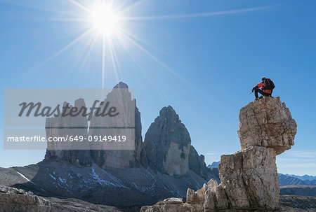 Hiker enjoying view, Dolomites near Cortina d'Ampezzo, Veneto, Italy