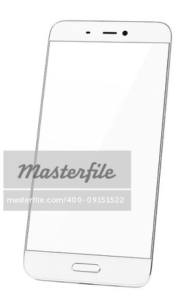 Modern white smartphone with empty white screen isolated on white background. Smart phone with clipping path