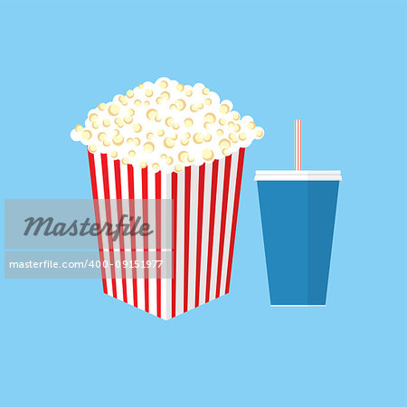 Vector popcorn illustration. Cinema concept. Popcorn with soda pop