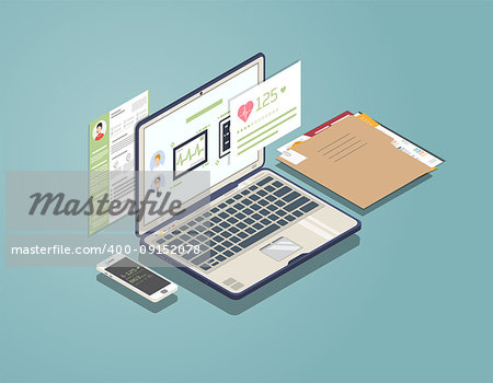 Isometric laptop with software for medicine and healthcare. Phone and folder with documents. Doctor and patient consultation and diagnosis. Medical app for phone and computer.