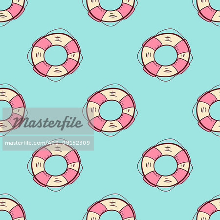 Doodle summer marine seamless pattern with lifebuoy on a green background. Vector illustration.