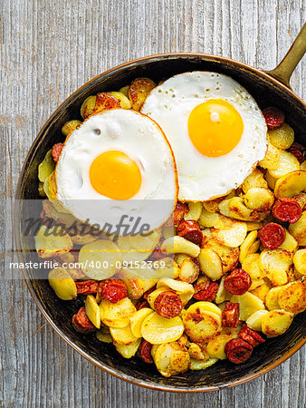 close up of a pan of rustic sausage potato hash