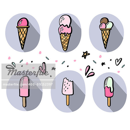 Hand drawn illustrations of ice cream. Vector icon set