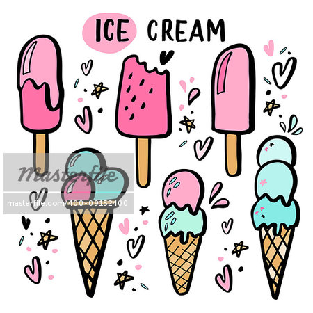 Hand drawn illustrations of ice cream. Vector icon set