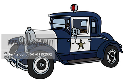 The vector illustration of a vintage dark blue police car