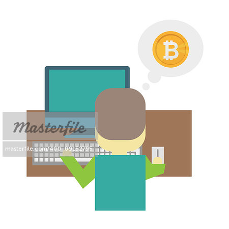 Cartoon flat illustration - mining bitcoin. A young man nerd sits behind a Desk with a computer laptop. Earning money on the Internet. Intellectual labour