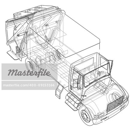 Garbage truck concept. Vector rendering of 3d. Wire-frame style. The layers of visible and invisible lines are separated