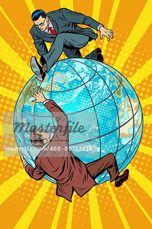 Two people fighting on the planet Earth. War and peace concept. Pop art retro vector illustration comic cartoon kitsch vintage drawing