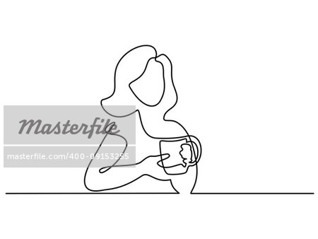 Continuous line drawing. Abstract portrait of a woman with cup of tea. Vector illustration.