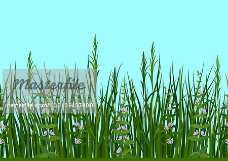 Seamless Horizontal Background, Nature, Landscape with Fresh Green Grass, Leaves, Lilac Flowers and Blue Sky, Tile Pattern for Your Design. Vector