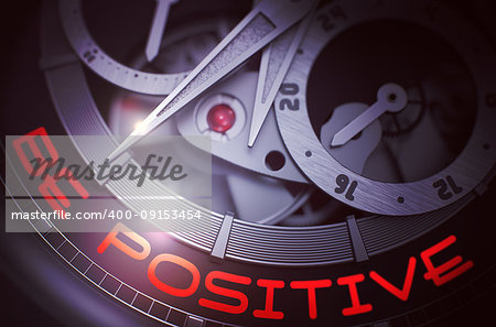 Be Positive on the Luxury Men Pocket Watch, Chronograph Close View. Be Positive on Face of Elegant Watch Machinery Macro Detail Monochrome. Time and Work Concept with Lens Flare. 3D Rendering.