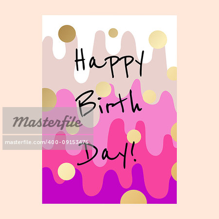 Happy birthday cake layers card design. Celebration card vector with gold circles and pink storeys decor.