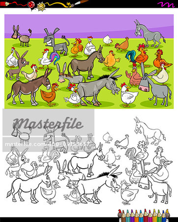 Cartoon Illustration of Donkeys and Chickens Farm Animal Characters Group Coloring Book Activity