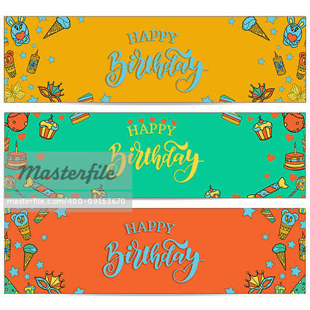 Happy birthday banners collection. Set of greeting templates. Invitation cards to the party. Vector cards with cake, balloons, candy, gifts and caps.