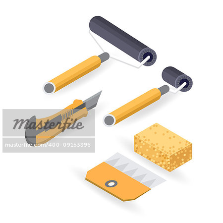 Roller, cutter, sponge. Isometric construction tools isolated on a white background. Colorful flat illustration. Vector set of hand tools for home renovation. Instruments for repair.