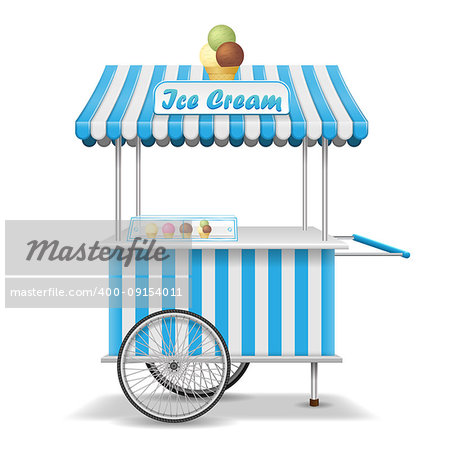 Realistic street food cart with wheels. Mobile blue ice cream market stall template. Ice cream market cart mockup. Vector illustration EPS 10