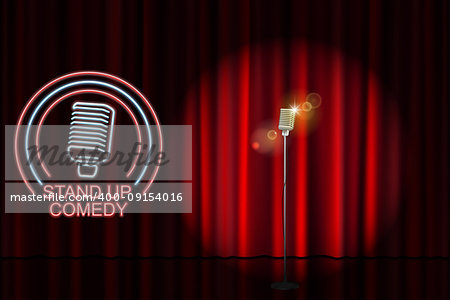 Stand up comedy with neon microphone sign and red curtain backdrop. Comedy night stand up show or karaoke party. Vector illustration EPS 10