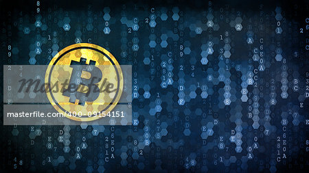Bitcoin Crypto Currency. Yellow Logol on Digital Background with Empty Copyspace for Your Text.