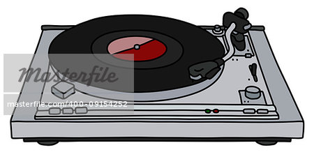 The vectorized hand drawing of a modern silver analog turntable